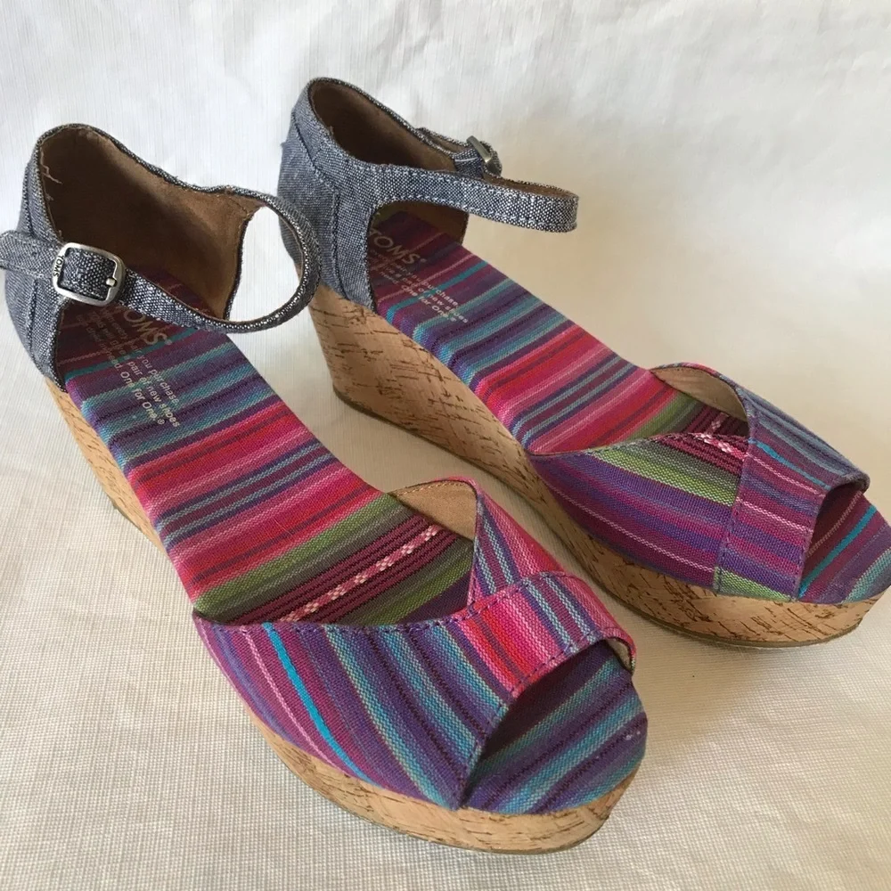 Toms Sienna Chambray Cork Wedge Sandals